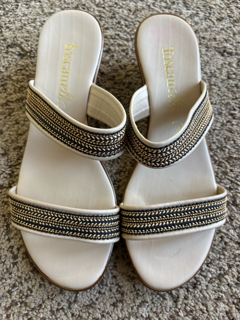 Toscanella Handmade 2” Wedge Slip-on Sandal w Woven Black & Gold Bead Straps 8.5 - Picture 7 of 9